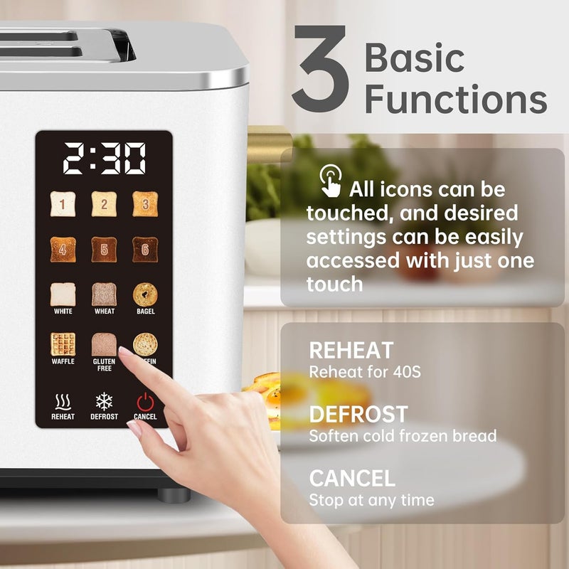 SEEDEEM Toaster 2 Slice, Touch Control Screen, Smart Stainless Toaster, 6 Shade Setting, 6 Bread Selection, Countdown, Removable Crumb Tray, 900W, Pearl White - Image 2